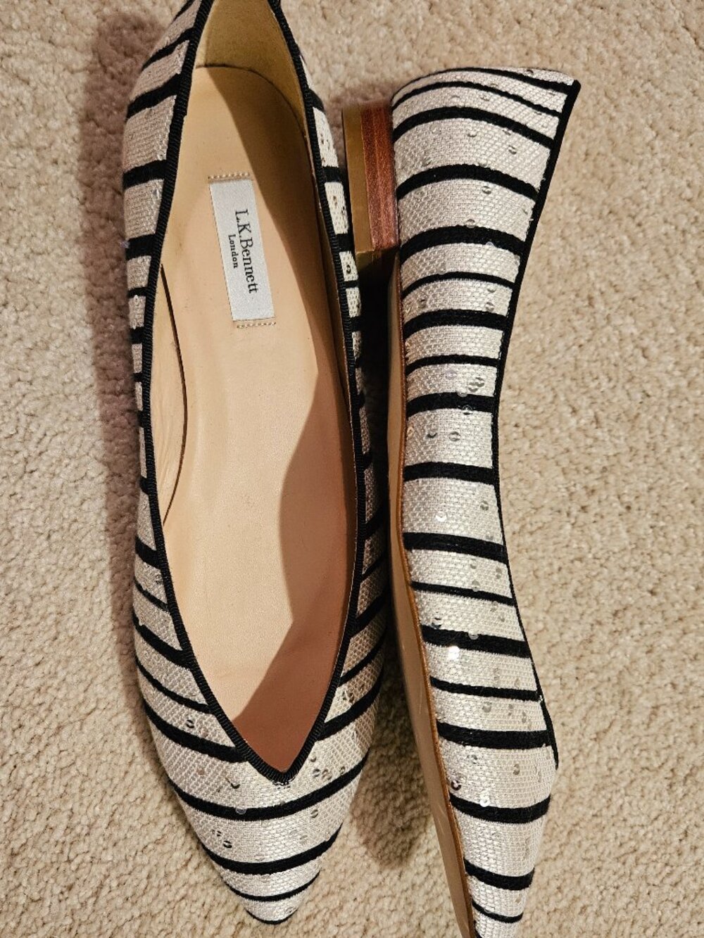 L.K. Bennett Pointed Toe Ballet Flats EU 40 US 9 Black White Stripe Sequins